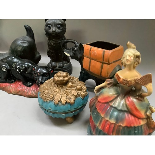 262B - Early 20th century and later figures of cats, pig, elephant, crinoline lady dish and cover, corn on ... 