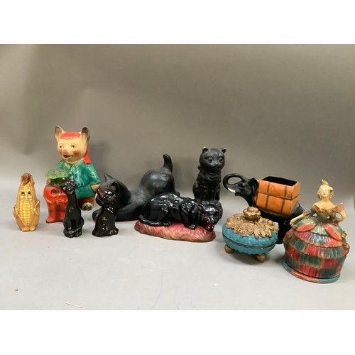 262B - Early 20th century and later figures of cats, pig, elephant, crinoline lady dish and cover, corn on ... 