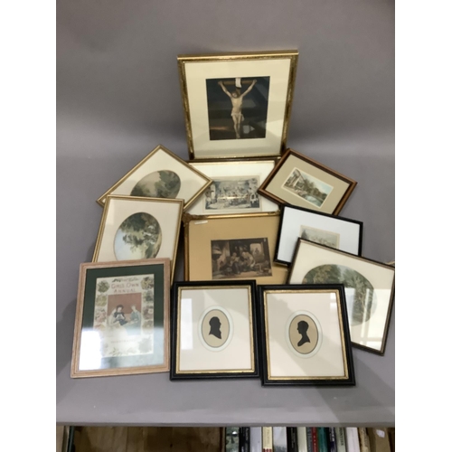 38 - A quantity of pictures including a pair of framed silhouettes, Baxter prints etc