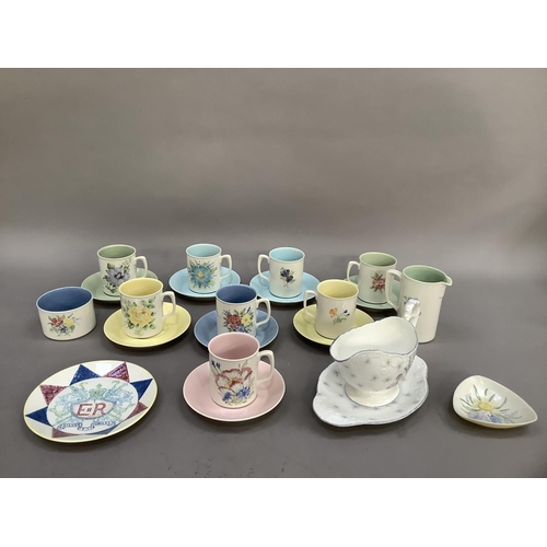 100 - A set of eight Branksome china coffee mugs and saucers, milk jug and sugar bowl, each  painted in a ... 