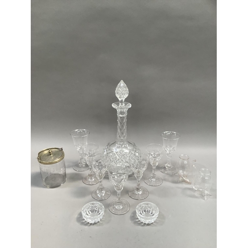 108 - A cut glass sherry decanter together with five long stemmed panel cut sherry glasses on conical foot... 