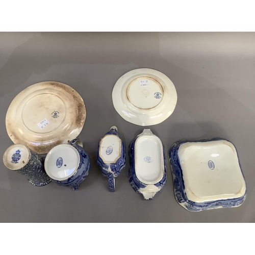 126 - Items of blue and white Spode including square dish, gravy boat, milk jug, tureen base, a Fenton's O... 