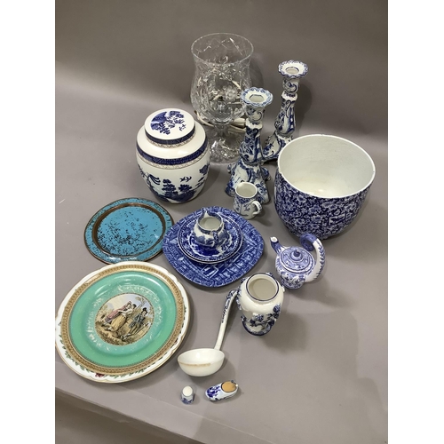 130 - A cut glass light on pedestal foot, items of blue and white ware including ginger jar and cover, pla... 