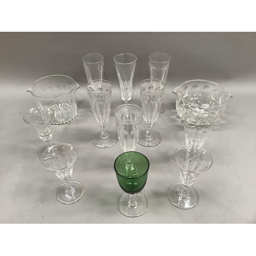 137 - Early 19th century and later glass including two wine glass rinsers, five panel cut flutes and anoth... 