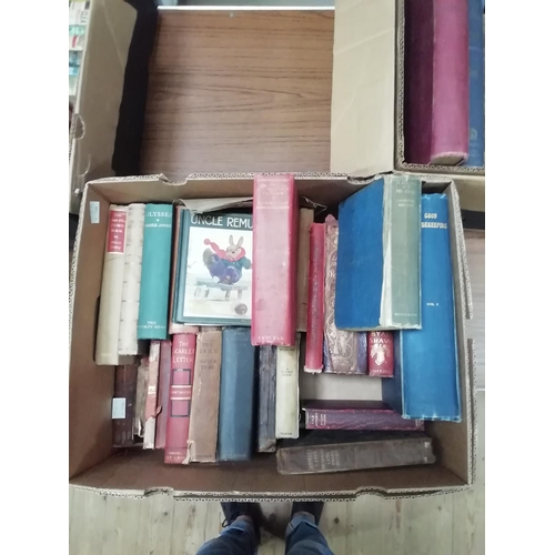 182 - Two boxes of books, mixed titles, housekeeping, novels, Uncle Remus colour illustrations, four recen... 