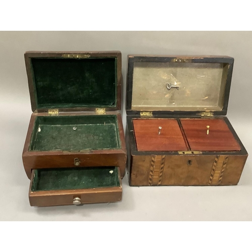 190 - A Victorian walnut and Tunbridge ware banded tea caddy, two lidded compartments and another work box... 