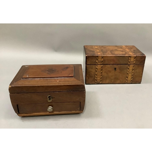 190 - A Victorian walnut and Tunbridge ware banded tea caddy, two lidded compartments and another work box... 