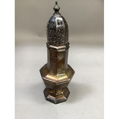 201 - A George V silver sugar caster, Sheffield 1942, 17cm high, approximate weight 3.5oz