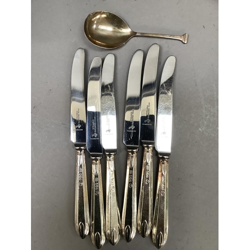 209 - A boxed set of six silver handled tea knives, Sheffield 1953 together with a silver caddy spoon, She... 