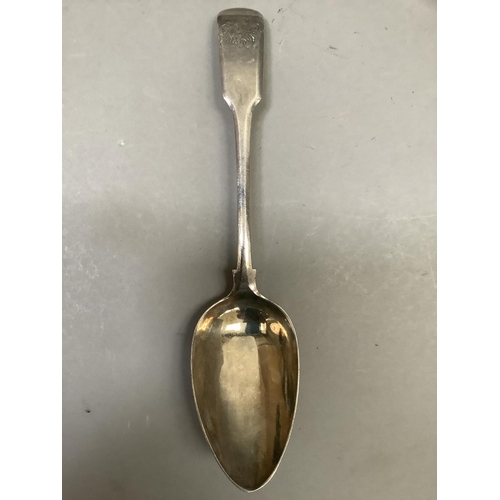 213 - A George II silver fiddle backed spoon, engraved R.S, hallmarked for Robert Albin Cox 1735, approx. ... 