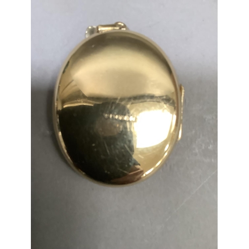 246 - A locket in 9ct gold of oval outline, engraved to the front with a butterfly and foliage against a t... 