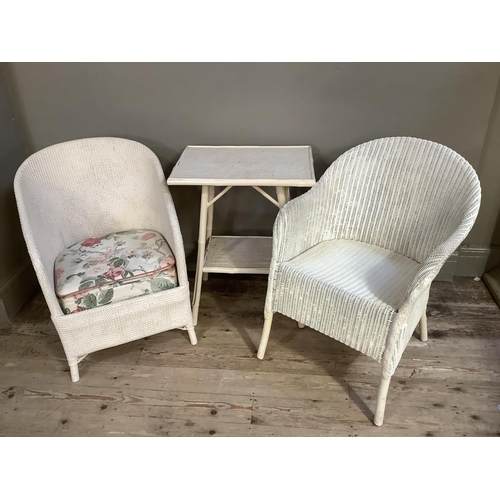 68 - A cream Lloyd Loom tub chair together with a Sirrom tub chair and a bamboo two tier table