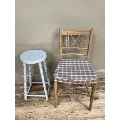 74 - An elm faux bamboo single chair together with a grey painted stool on turned legs