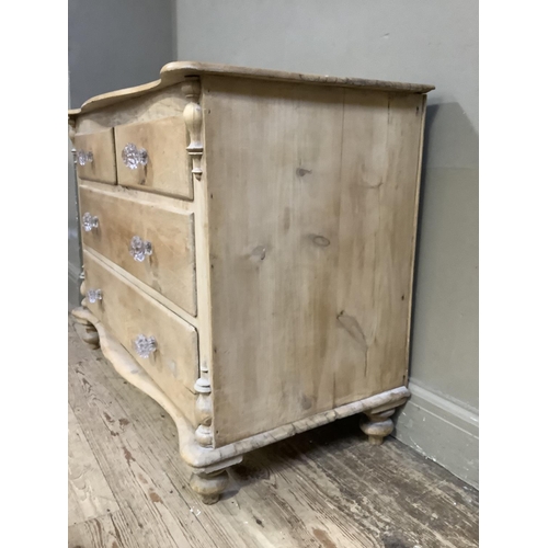 76 - A Victorian pine chest of drawers, the top of serpentine outline above two short and two long gradua... 