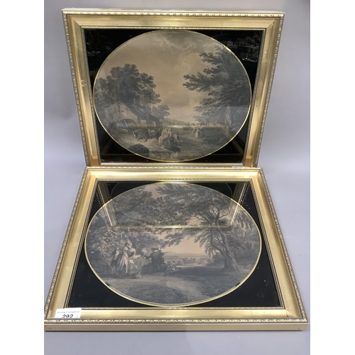 300 - A pair of late 18th/early 19th century engravings depicting a landscape with picnic party beside a r... 