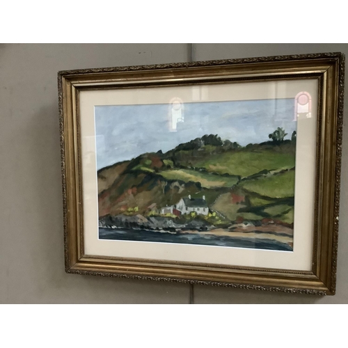 277 - Coastline with cottage and cliffs, oil on board, unsigned 27.5cm by 39cm