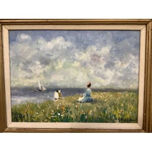 278 - Coastal landscape with Edwardian figures looking out to sea, oil on board, indistinctly signed to lo... 