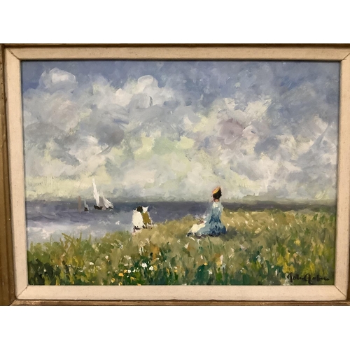 278 - Coastal landscape with Edwardian figures looking out to sea, oil on board, indistinctly signed to lo... 