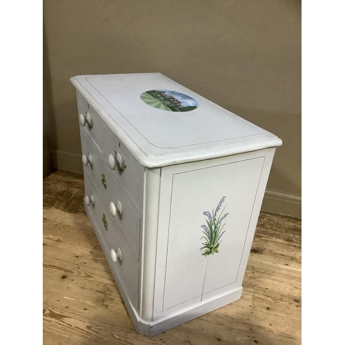 314 - A Victorian pine chest of drawers painted in pale grey with lavender, snow drops and other blossom, ... 