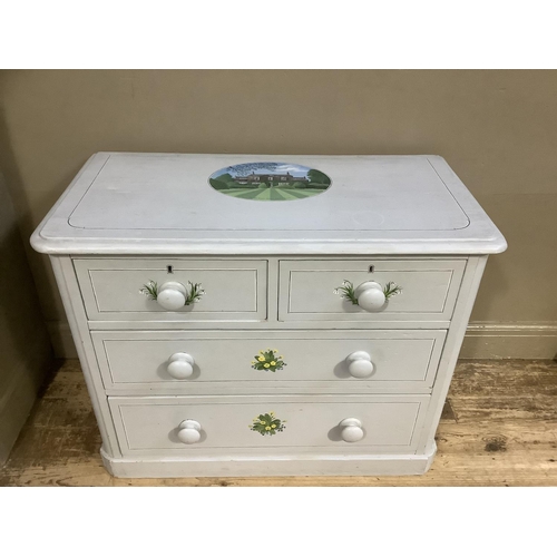 314 - A Victorian pine chest of drawers painted in pale grey with lavender, snow drops and other blossom, ... 