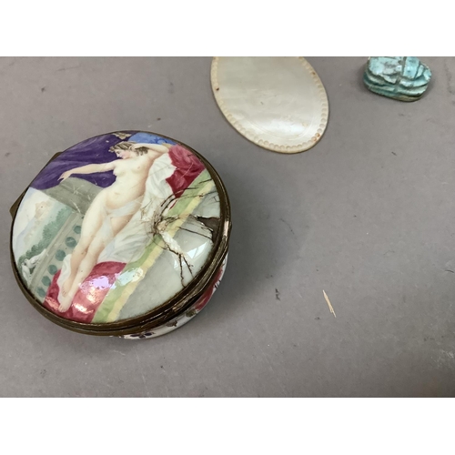 32 - A circular enamel patch box with reclining nude