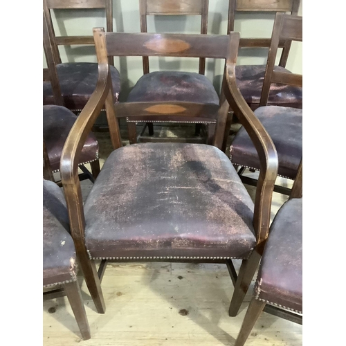 324 - A matched set of eight mahogany early 19th century dining chairs inlaid to the bar back with a satin... 