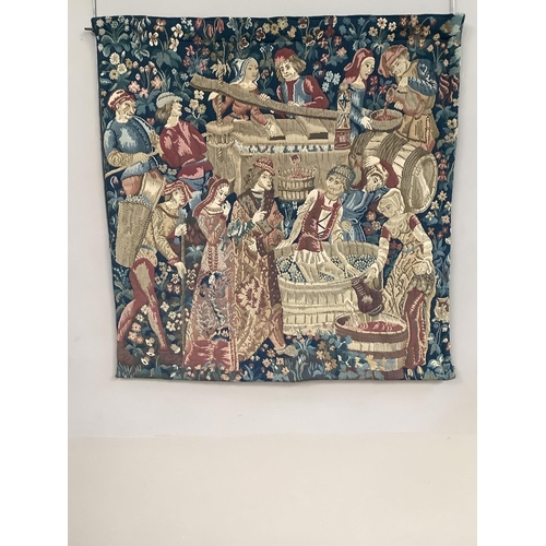 352 - A machine woven tapestry wall hanging of medieval scene together with hanging pole, 114cm wide