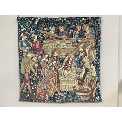 352 - A machine woven tapestry wall hanging of medieval scene together with hanging pole, 114cm wide