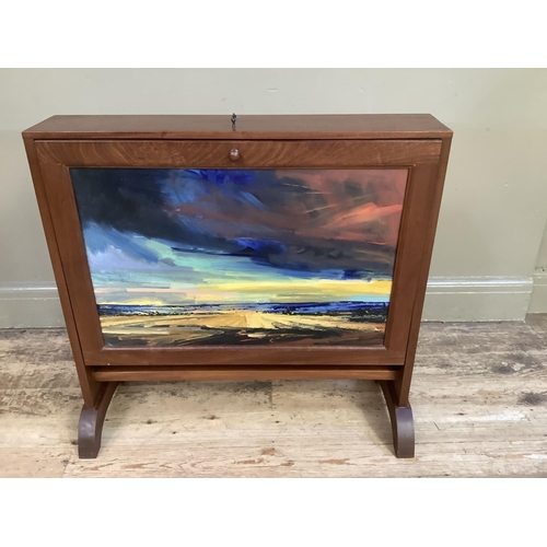 357 - A mahogany portfolio cabinet, double sided, drop fronts, one side painted with a landscape at dusk a... 