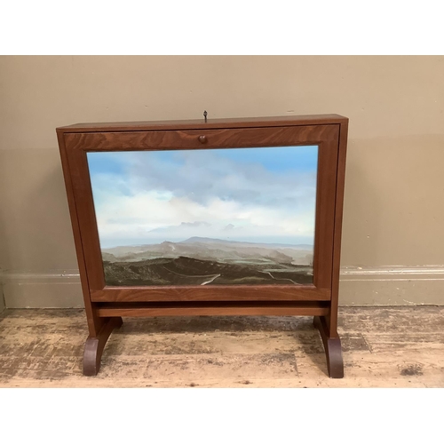 357 - A mahogany portfolio cabinet, double sided, drop fronts, one side painted with a landscape at dusk a... 