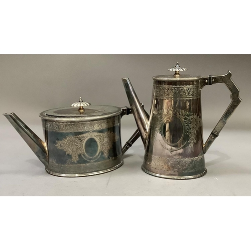 256 - A Victorian silver plated teapot and coffee pot by Elkington & Co, oval outline engraved with bands ... 