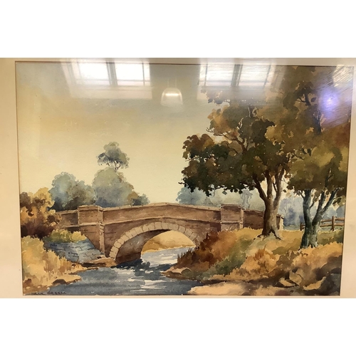 268 - Crimple Beck, Follifoot, river and bridge, watercolour signed Jack Green, 25cm by 35.5cm, Follifoot ... 