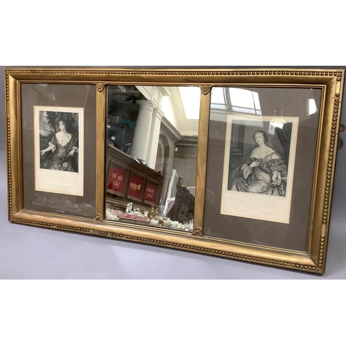 270 - A gilt framed over mantel mirror having a rectangular glass flanked by inset engravings after Sir Pe... 