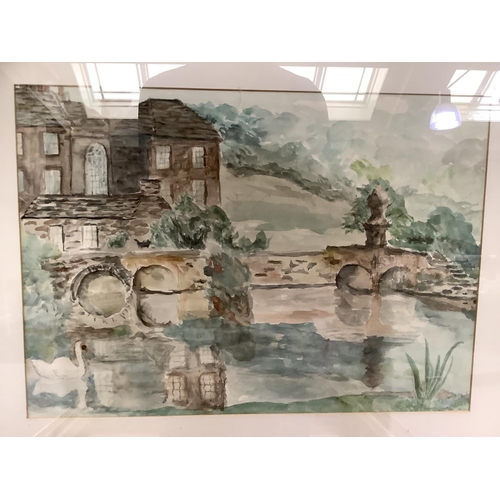 271 - A pine framed mirror, a print after Perry - golf course, watercolour of house and river and a print ... 