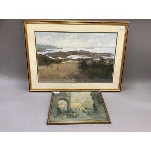 271 - A pine framed mirror, a print after Perry - golf course, watercolour of house and river and a print ... 