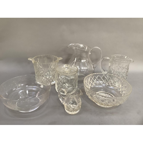 184 - Cut, etched and plain glass including ice pale, water jugs, trifle bowl, biscuit barrel, cream jug e... 