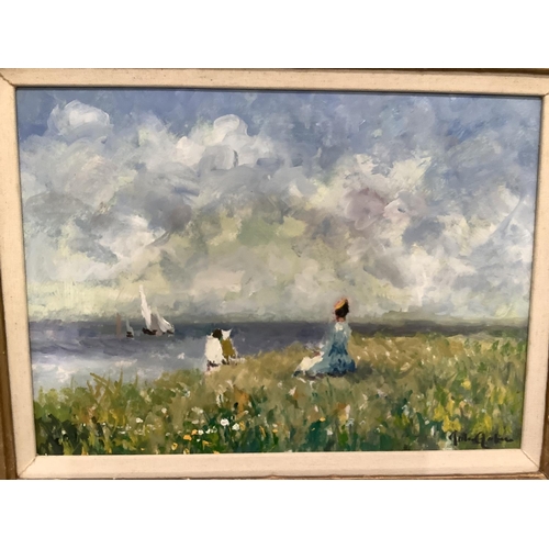 278 - Coastal landscape with Edwardian figures looking out to sea, oil on board, indistinctly signed to lo... 