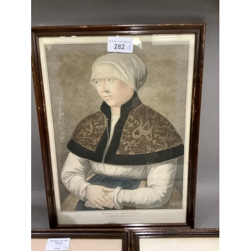 282 - Colour print after Holbein, 3/4 portrait of Holbein's wife at Kensington Palace, published 1812 toge... 