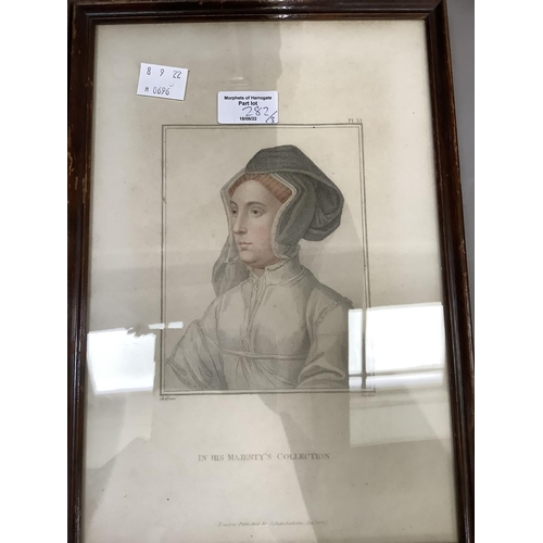 282 - Colour print after Holbein, 3/4 portrait of Holbein's wife at Kensington Palace, published 1812 toge... 