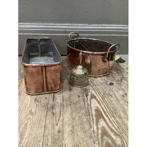 144b - A copper and brass two handled planter, a copper plant trough and a brass bell