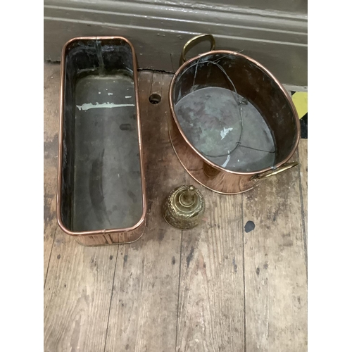 144b - A copper and brass two handled planter, a copper plant trough and a brass bell