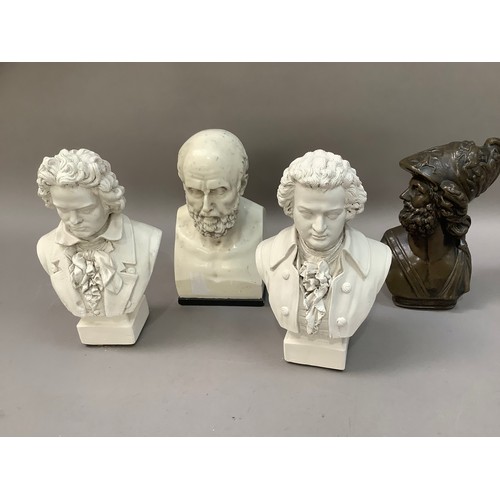 109 - Three composition busts of composers and a bronze effect composition bust of Meleneaus