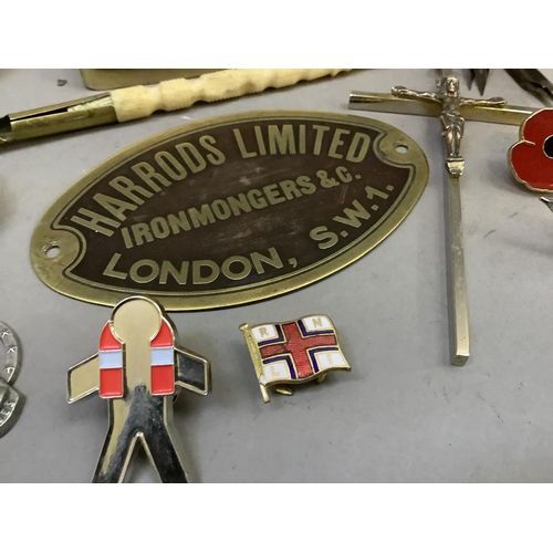 258 - A copper and brass box, a brass plaque for Harrods Ltd ironmongers & Co, a white metal vesta in the ... 