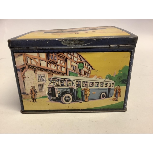 12 - A 1920/30s printed tin, each panel depicting modes of transport, ocean liner to the lid, steam train... 