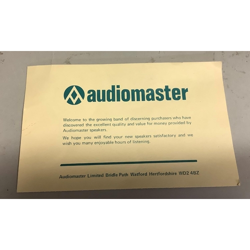 57 - A pair of Audiomaster speakers, boxed, with guarantee card, wooden finish with brown cloth covers