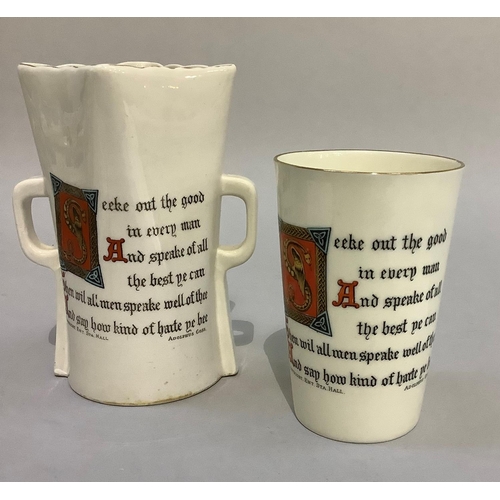 340 - A W. H. Goss porcelain beaker verse by Adolphus Goss' Seeke out the good in every man...' and Lands ... 