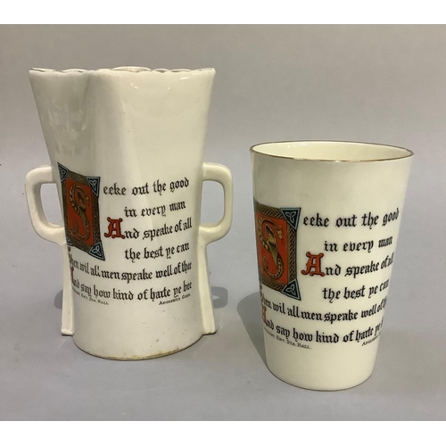 340 - A W. H. Goss porcelain beaker verse by Adolphus Goss' Seeke out the good in every man...' and Lands ... 