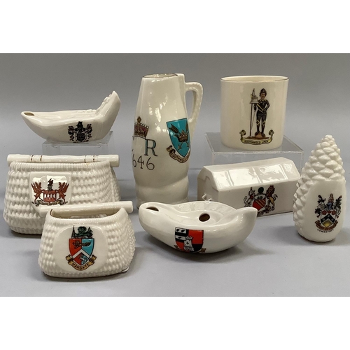 343 - A W. H. Goss porcelain model of the Royal Salisbury Jack with Southwold crests and beaker with South... 