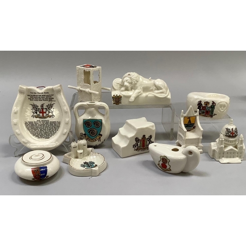 348 - W. H. Goss porcelain model of the Lion of Lucerne with Blackpool crest, model of Sedan Chair Rd. no.... 