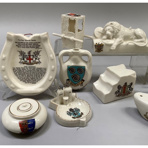 348 - W. H. Goss porcelain model of the Lion of Lucerne with Blackpool crest, model of Sedan Chair Rd. no.... 